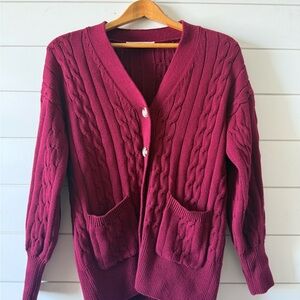 LOFT Burgundy Cable Knit Cardigan